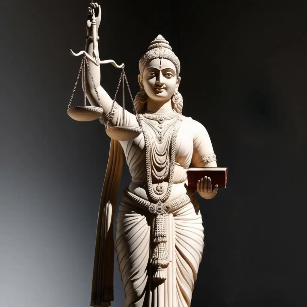 A statue of Lady Justice holding scales and a law book, symbolizing fairness and justice, representing the legal services of Aditya and Co. Advocates in Bangalore.