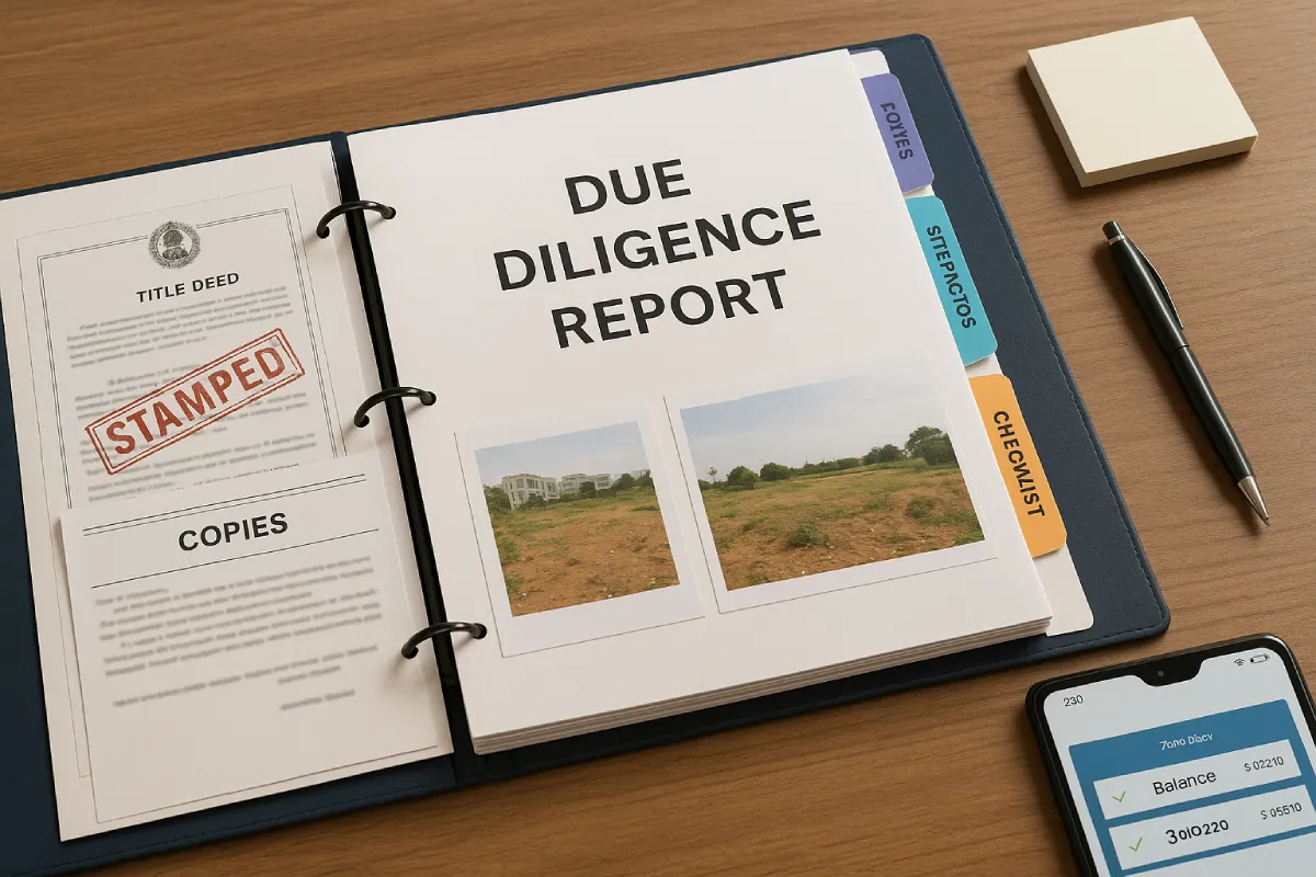 Bound property due-diligence report on office desk