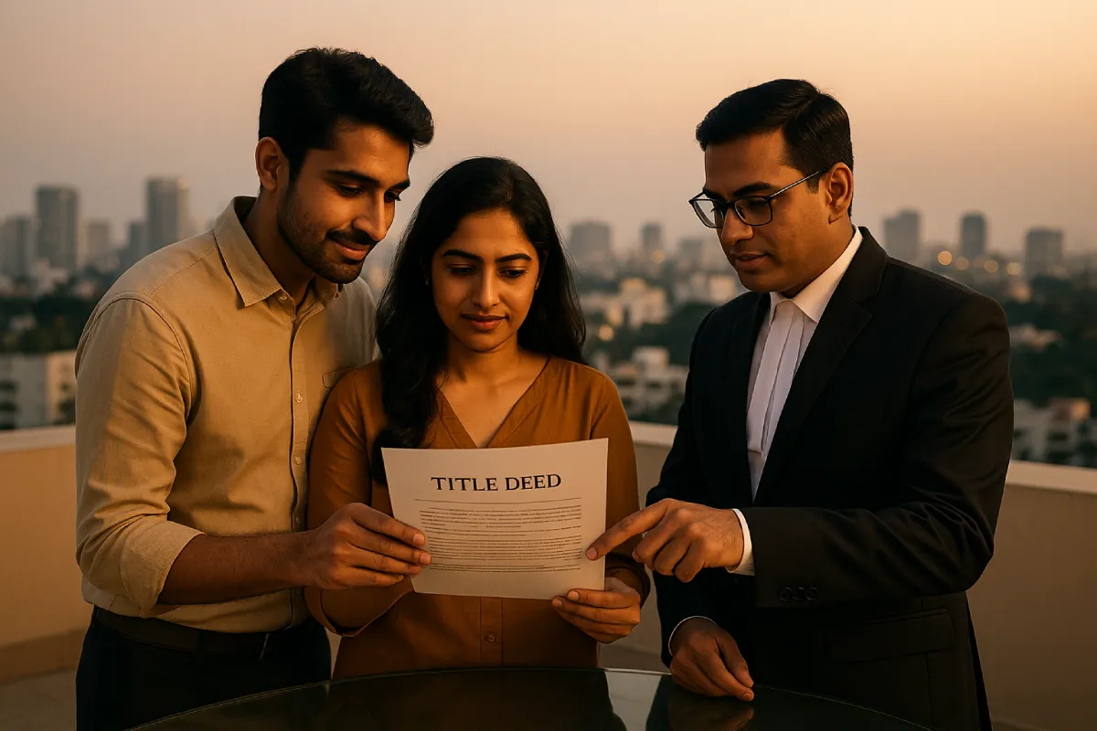 Couple and lawyer learning how to verify property in Bangalore on rooftop