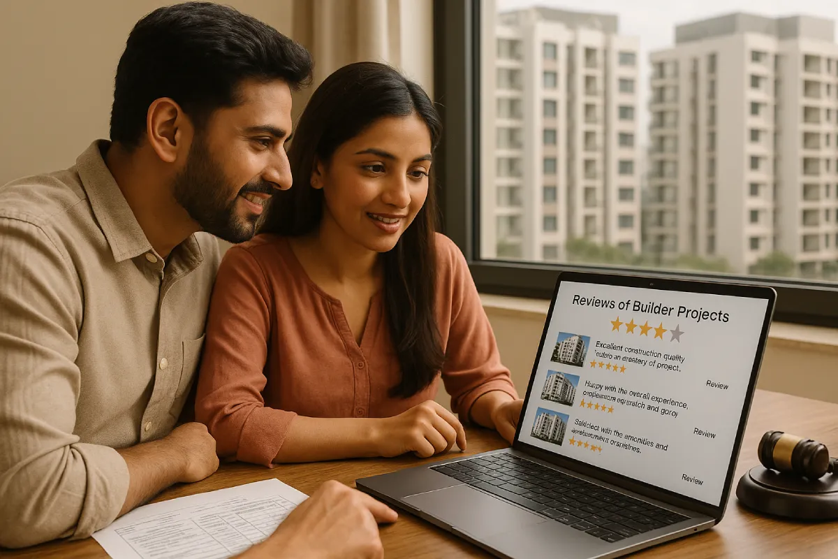 Couple reading builder reputation reviews online