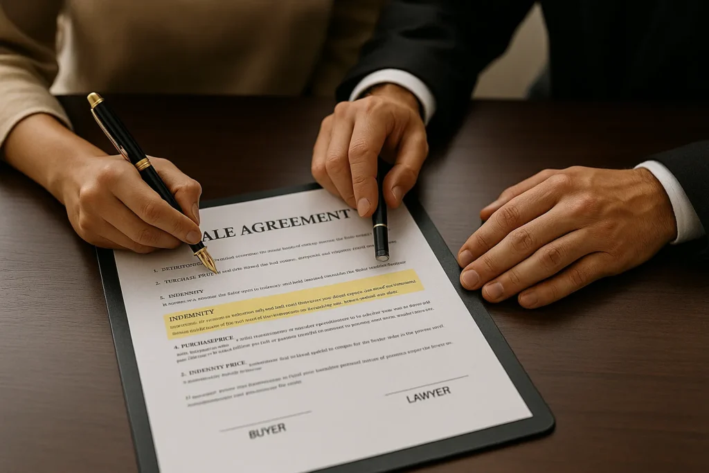 Buyer and lawyer signing sale agreement after verification