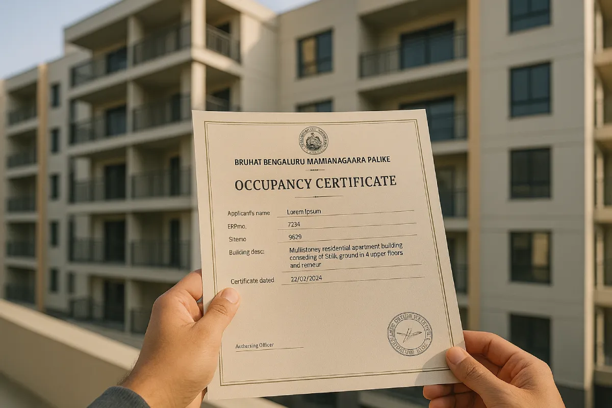 Occupancy Certificate displayed outside completed apartment