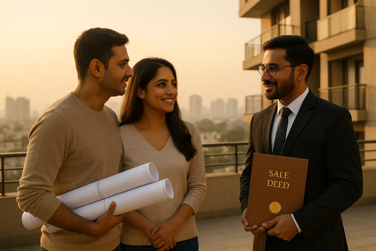 Young couple and lawyer discussing Buying Property in Bangalore on apartment terrace