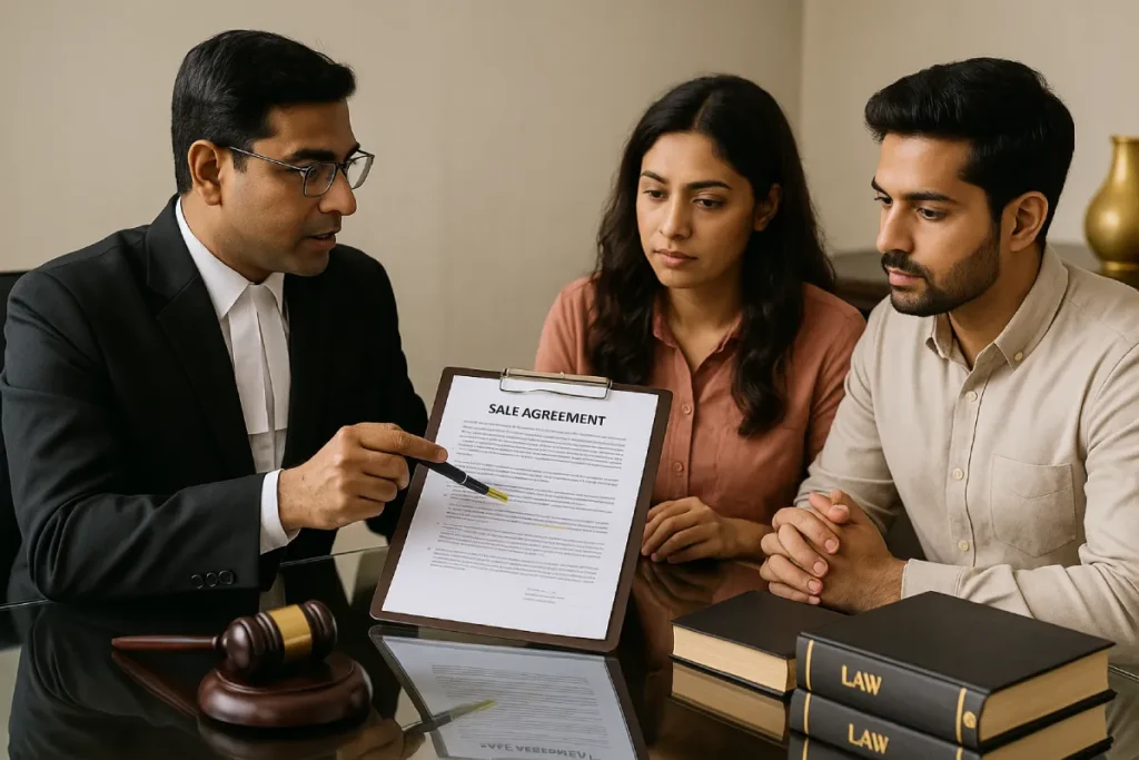 Property lawyer guiding clients on how to buy property in Bangalore at conference table