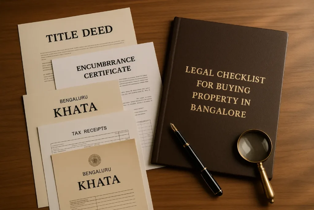 Legal Checklist for Buying Property in Bangalore documents spread on wooden desk