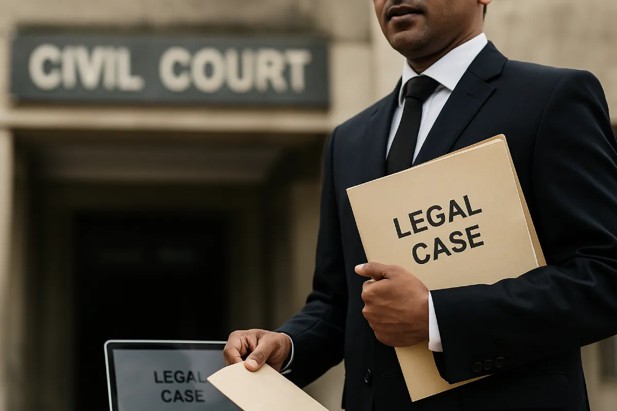 Indian lawyer standing outside civil court, holding legal case documents for filing a civil suit to recover money from cyber financial frauds in India.