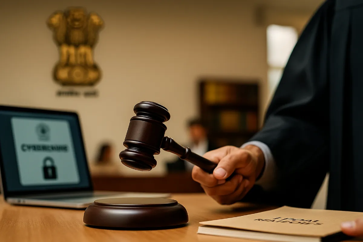 Indian judge’s hand holding a gavel, ready to announce compensation judgment related to cyber financial frauds in India.