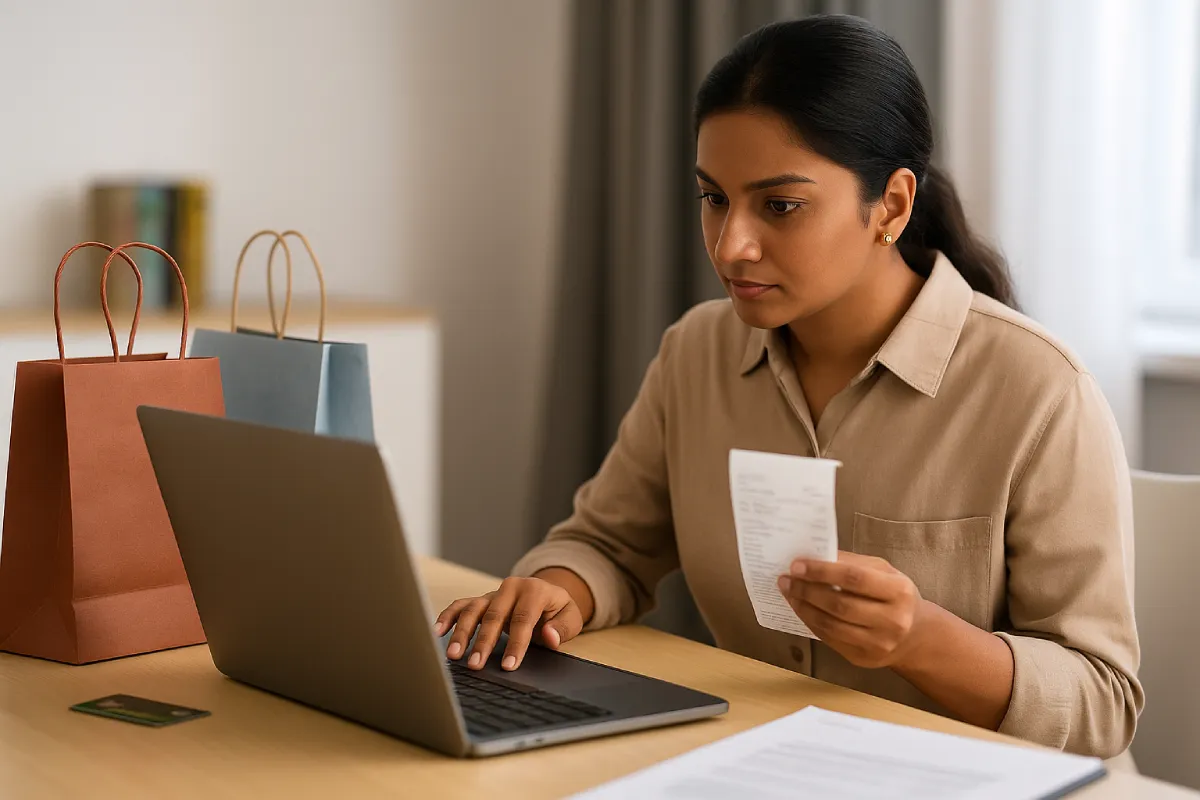 Indian woman making an online complaint after shopping fraud, demonstrating consumer protection for online fraud and financial recovery process.