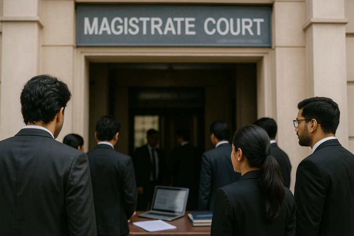 Formal view of Indian Magistrate Court entrance with professionals discussing how to unfreeze a bank account from cybercrime.