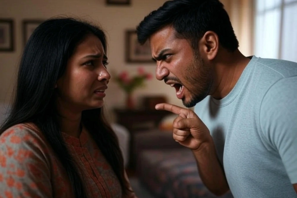 Causes of Domestic Violence:
An Indian couple in their early 30s arguing in a modest living room. The woman looks distressed, and the man is shown aggressively pointing or shouting. Emotions clearly visible on faces.