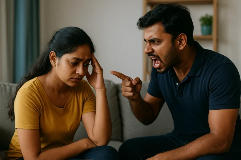 Indian man aggressively shouting at distressed Indian woman during a domestic argument at home