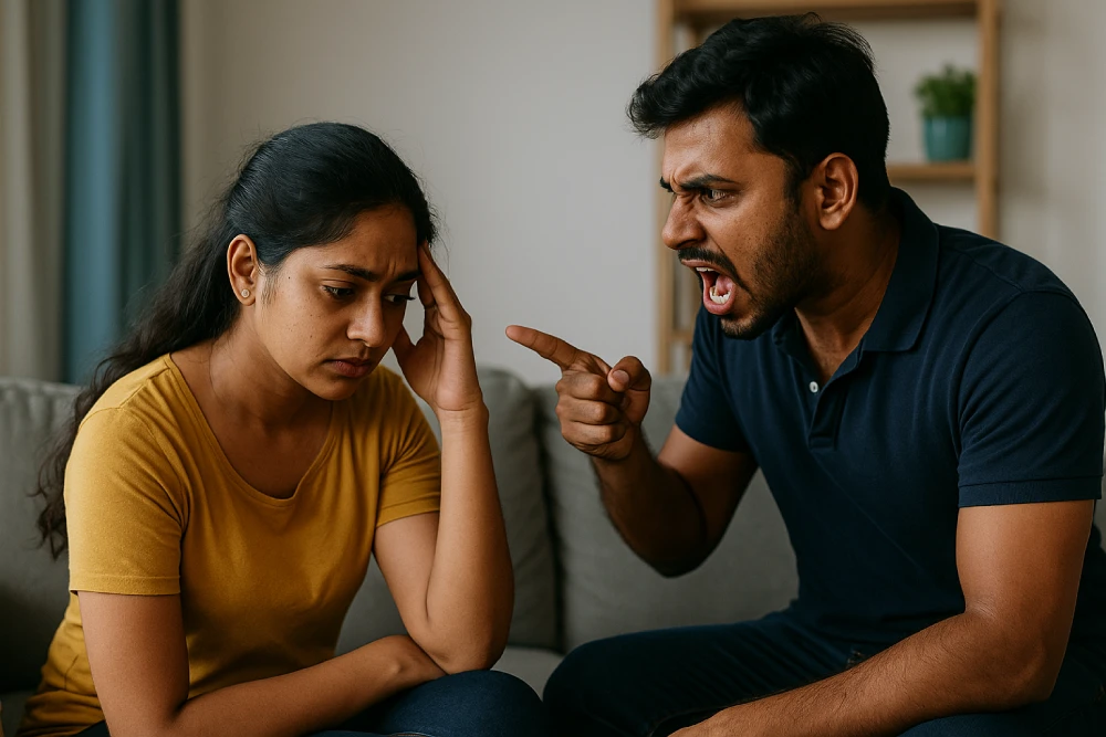 Indian man aggressively shouting at distressed Indian woman during a domestic argument at home