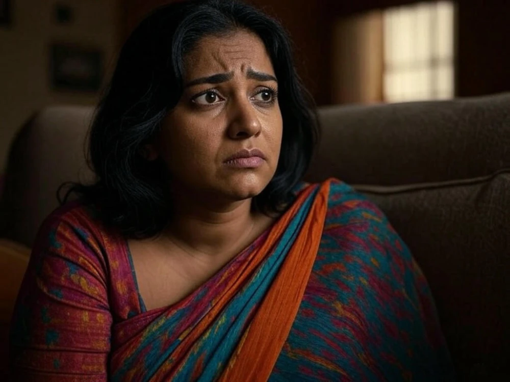 A serious Indian woman (age 25–35) sitting on a couch in a dimly lit room, looking thoughtful and concerned. Warm lighting focuses on her face, background slightly blurred to depict emotional struggle.