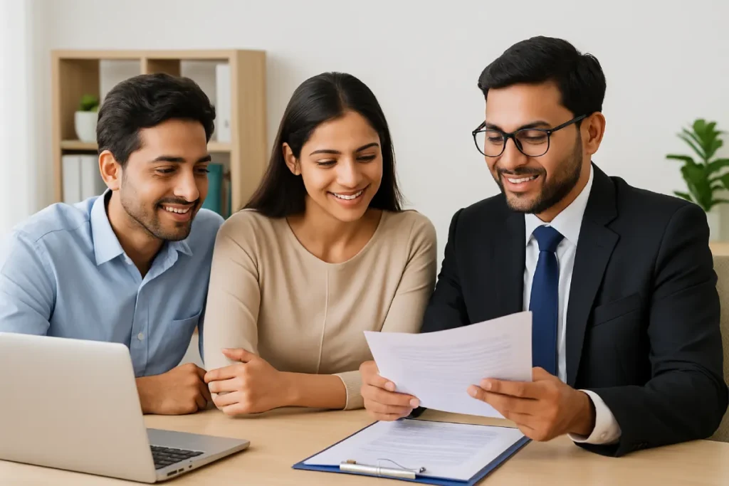 Indian couple consulting a property lawyer in a modern office about encumbrance certificate Karnataka.