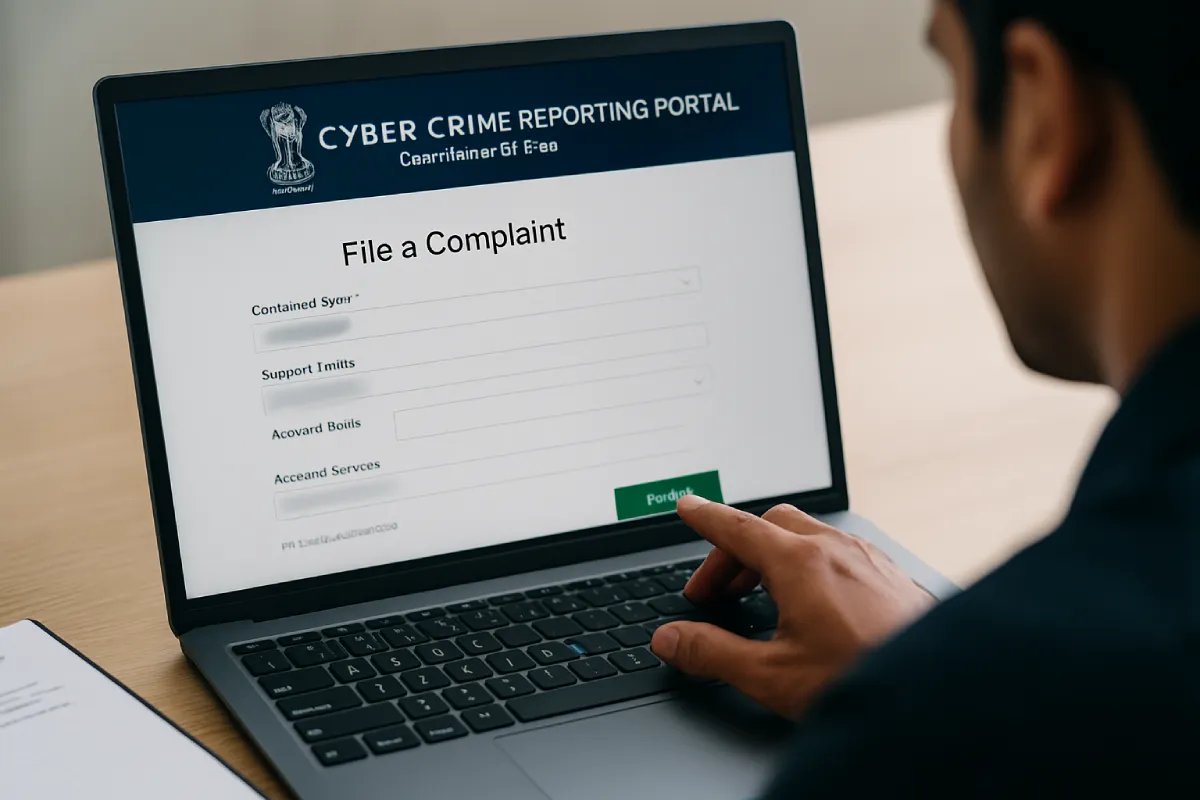 Indian man filing a cybercrime complaint online through cybercrime.gov.in portal, showing the process of how to report online fraud in India.
