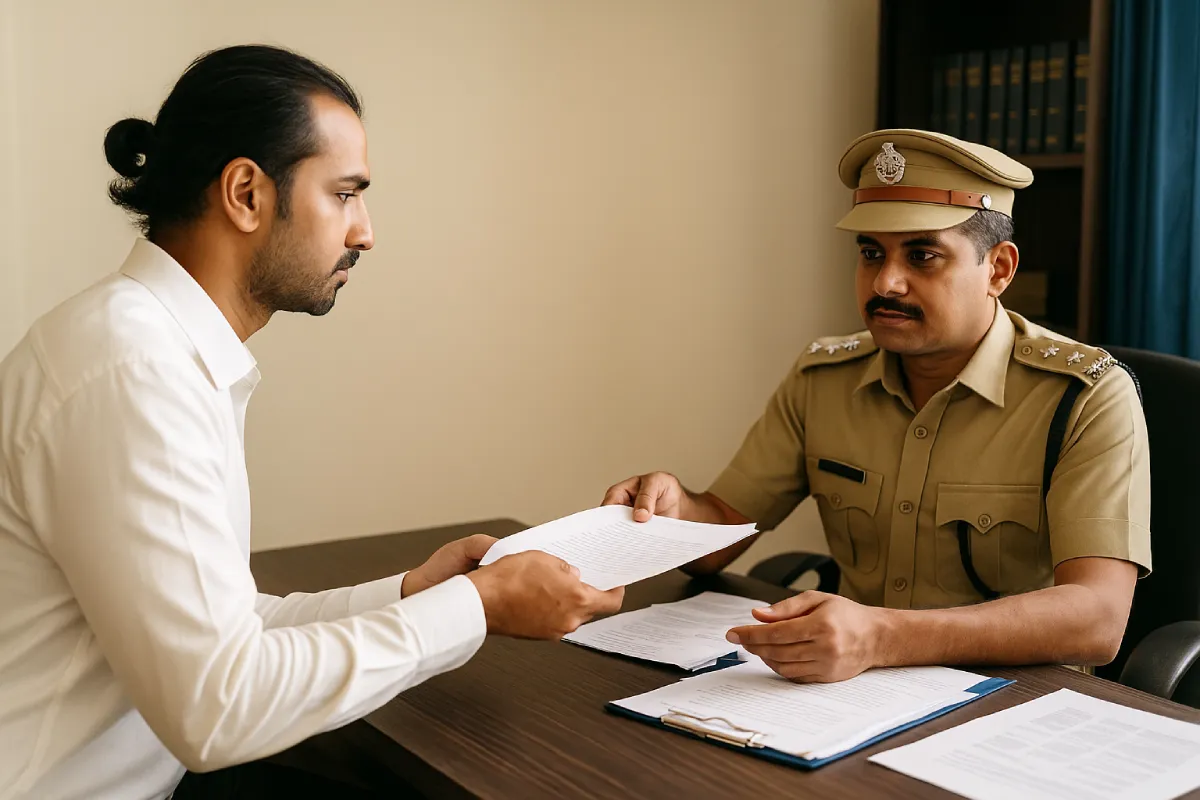 Indian man handing over legal documents to police officer for bank account unfreezing during cybercrime investigation.