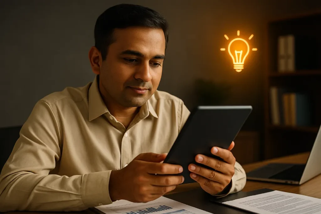 Indian professional reading cyber fraud awareness tips on a tablet, learning about how to recover money from cybercrime and protect against online fraud.