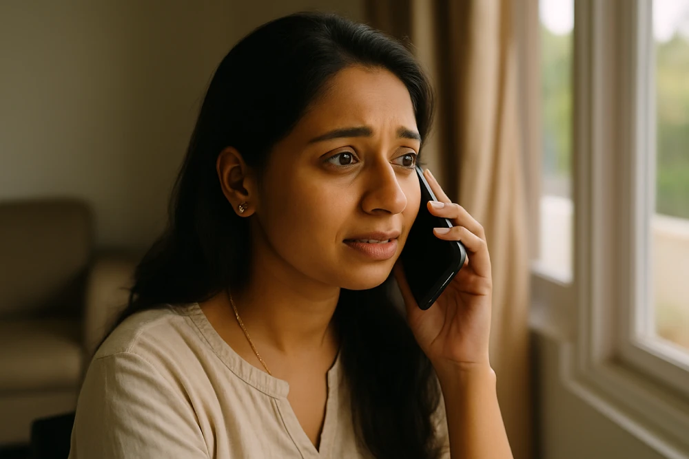 Indian woman making a phone call to follow up on a domestic violence complaint, sitting near a bright window