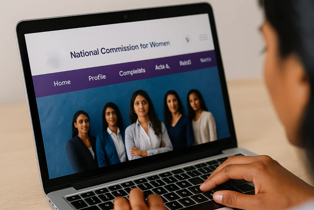 Indian woman accessing the National Commission for Women website to file an online domestic violence complaint