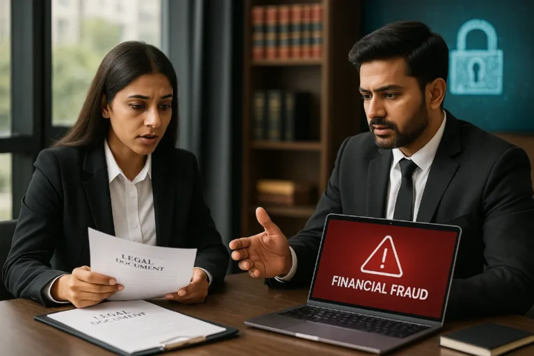 Professional Indian lawyers discussing how to recover money from cybercrime cases, with financial fraud alerts on a laptop and legal documents in a modern office.