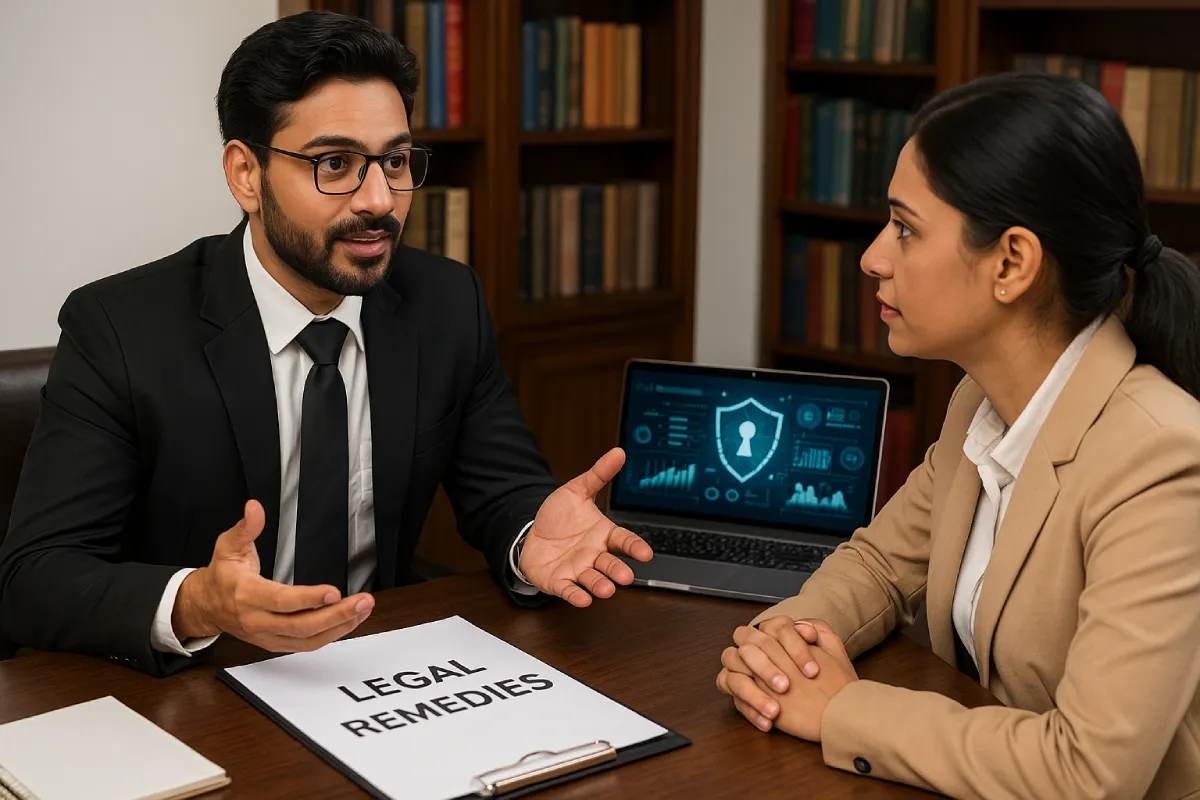 Indian lawyer explaining how to recover money from cybercrime through legal remedies, with cybersecurity dashboard and legal documents labeled ‘Legal Remedies’.
