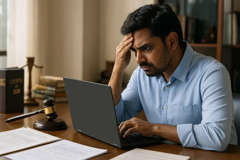 Stressed Indian professional checking frozen bank account status on laptop with legal symbols in background — How to Unfreeze a Bank Account from Cybercrime.