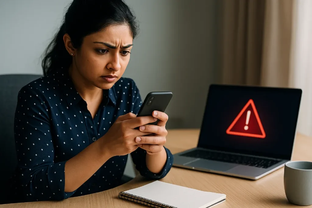 Indian woman urgently reporting cyber fraud on smartphone, exploring cybercrime recovery process with financial fraud warning displayed on laptop.