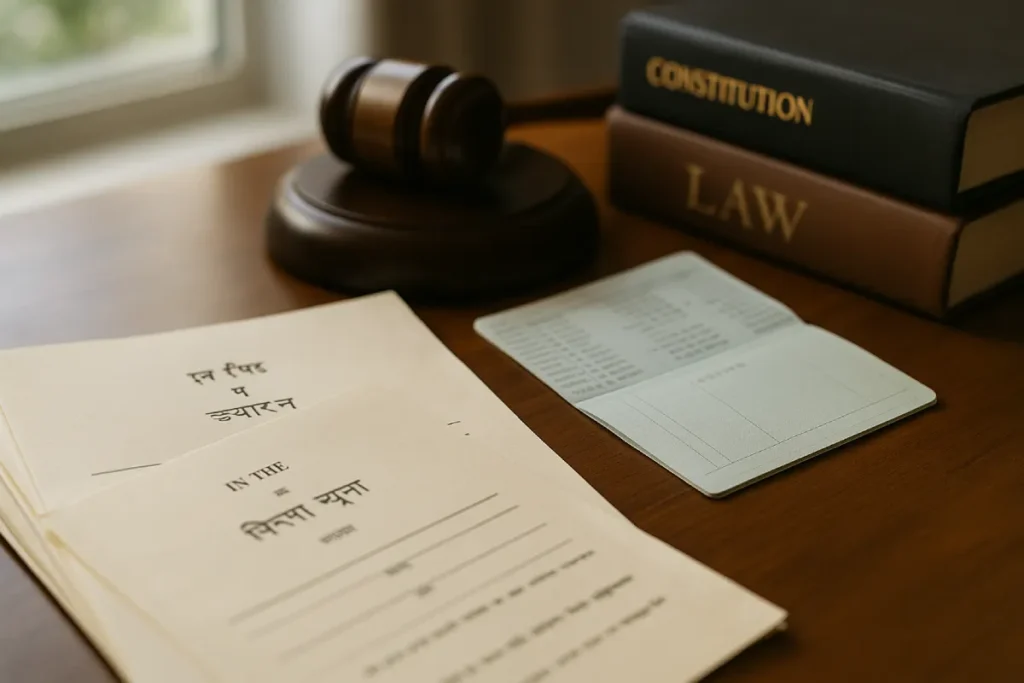 Close-up of Indian legal documents, gavel, law books, and bank passbook on lawyer’s desk — Legal Grounds for Freezing Bank Accounts in Cybercrime Cases.