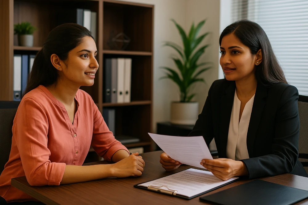 Legal Steps to Take if You Face Domestic Violence:
A confident Indian woman speaking to a female lawyer in a professional office setting. The woman looks hopeful, and the lawyer is providing legal documents. Bright, professional lighting.