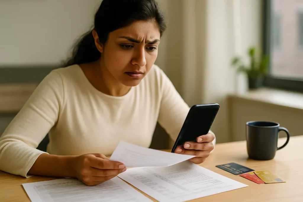 Indian woman reviewing bank transactions on smartphone with serious expression; credit cards and financial documents on table — Preventive Steps to Avoid Bank Account Freezing.