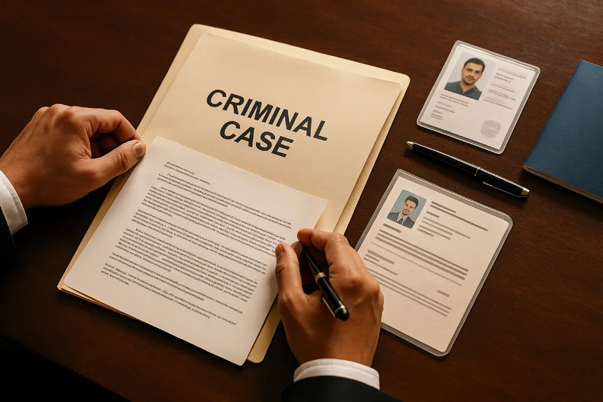 Criminal case file and identity documents placed on lawyer’s desk during anticipatory bail application process.