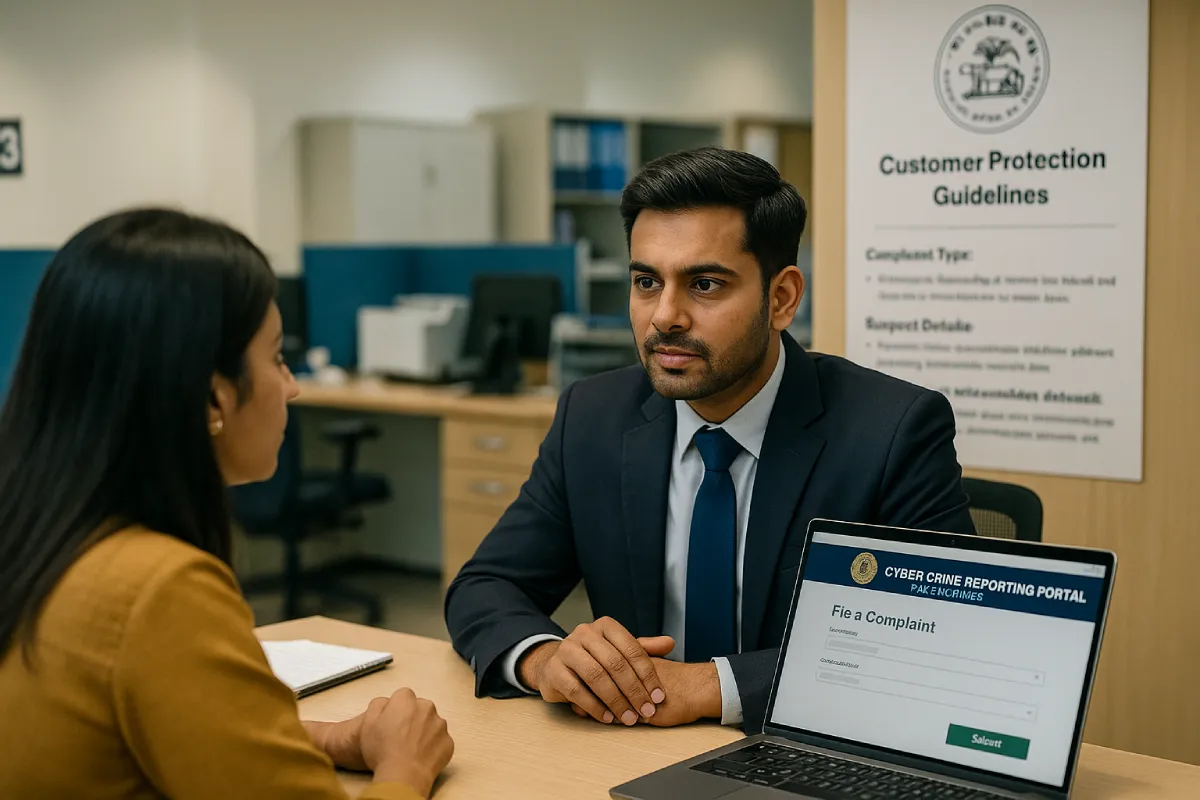 Indian bank customer discussing RBI customer protection guidelines with a bank officer, focusing on how to recover money from UPI fraud.