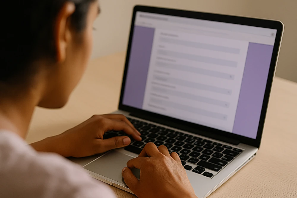 Indian woman filling out an online complaint form on a laptop, blurred screen to maintain privacy