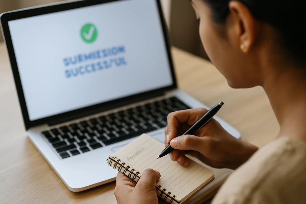 Indian woman writing complaint reference number in notebook after successful online submission