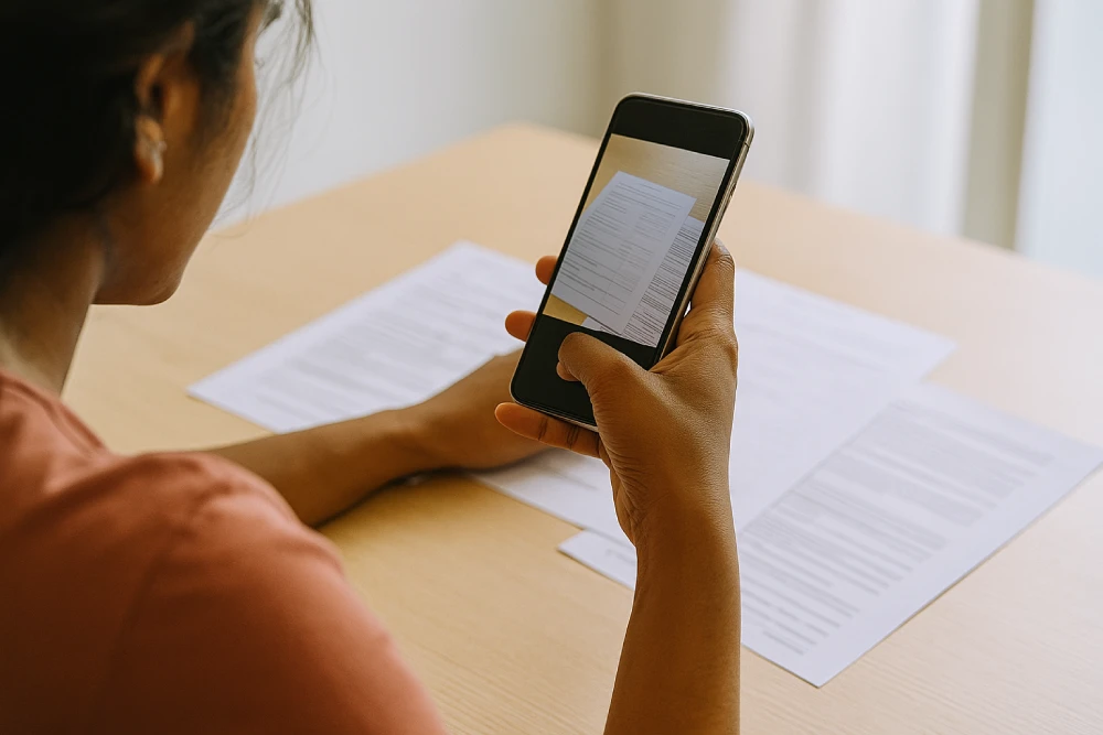 Indian woman using smartphone to upload supporting legal documents for domestic violence case