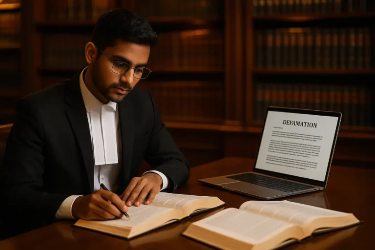 Indian advocate in library reviewing defamation laws in India document on laptop