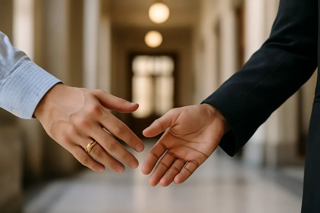 Close-up of parting hands with wedding ring in a courthouse hallway, representing definition of extramarital affairs in India