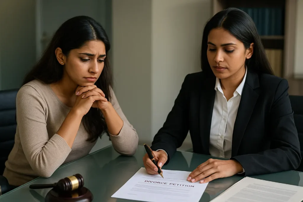 Indian woman consulting lawyer over divorce petition, showing extramarital affairs as a legal ground for divorce in India