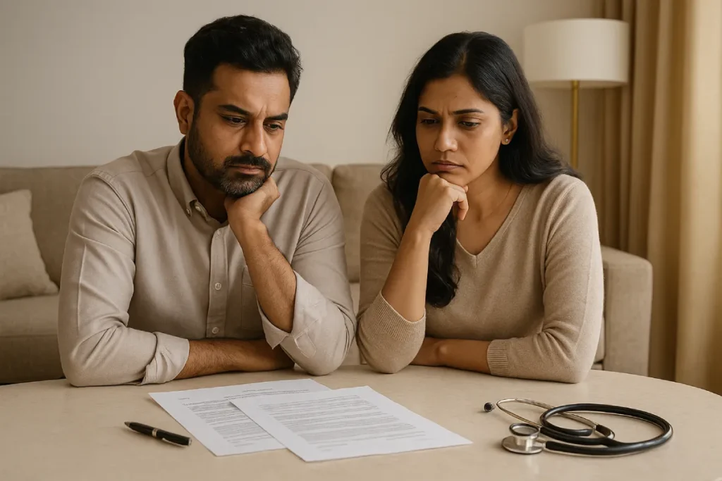 Indian couple reviewing legal papers at home, symbolizing emotional impact of extramarital affairs in India
