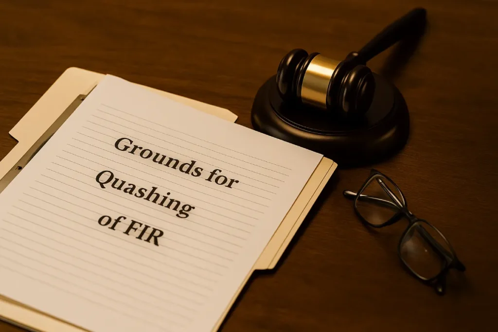 Open legal file titled Grounds for Quashing of FIR on a wooden desk with gavel and reading glasses