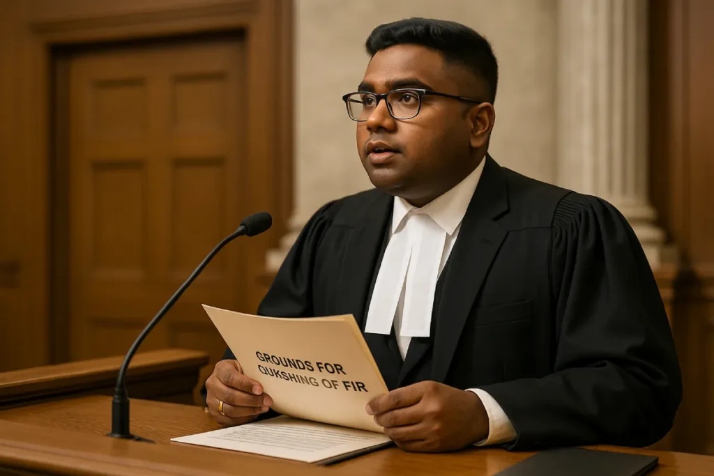 South Asian lawyer at podium with folder labeled Grounds for Quashing of FIR in courtroom