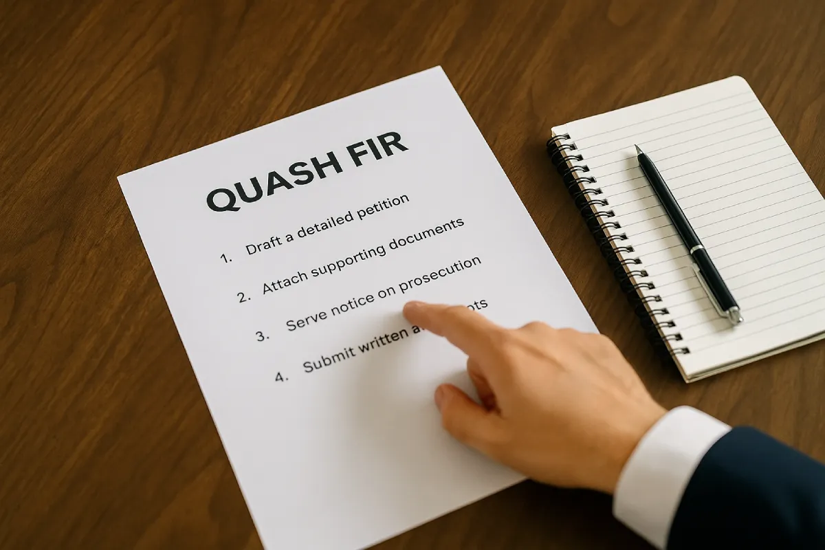 Lawyer’s hand pointing at printed legal document listing steps to quash an FIR