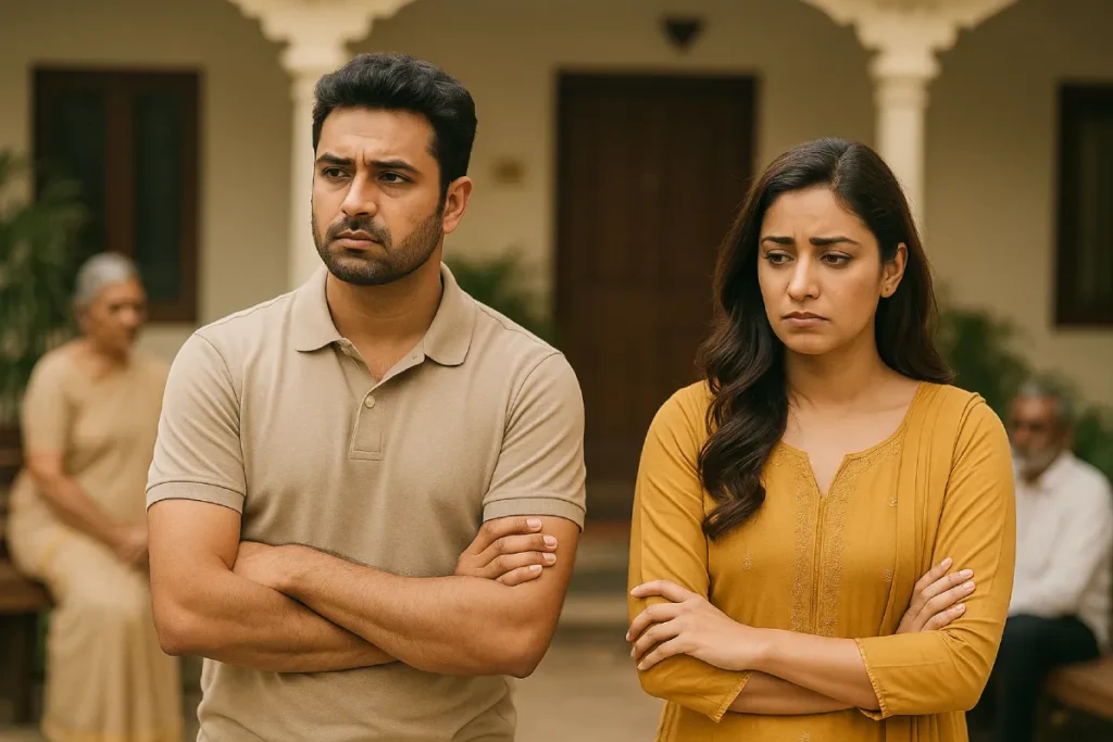 Worried Indian couple facing family in courtyard, reflecting social stigma around extramarital affairs in India
