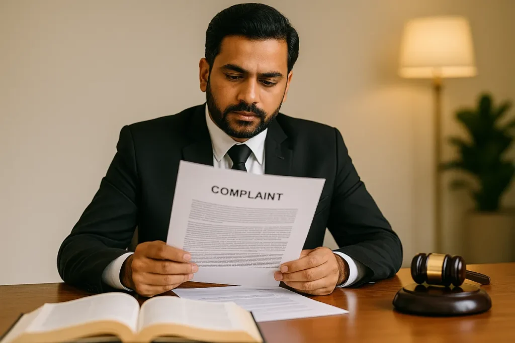 Indian lawyer examining complaint papers, showing legal consequences of extramarital affairs in India