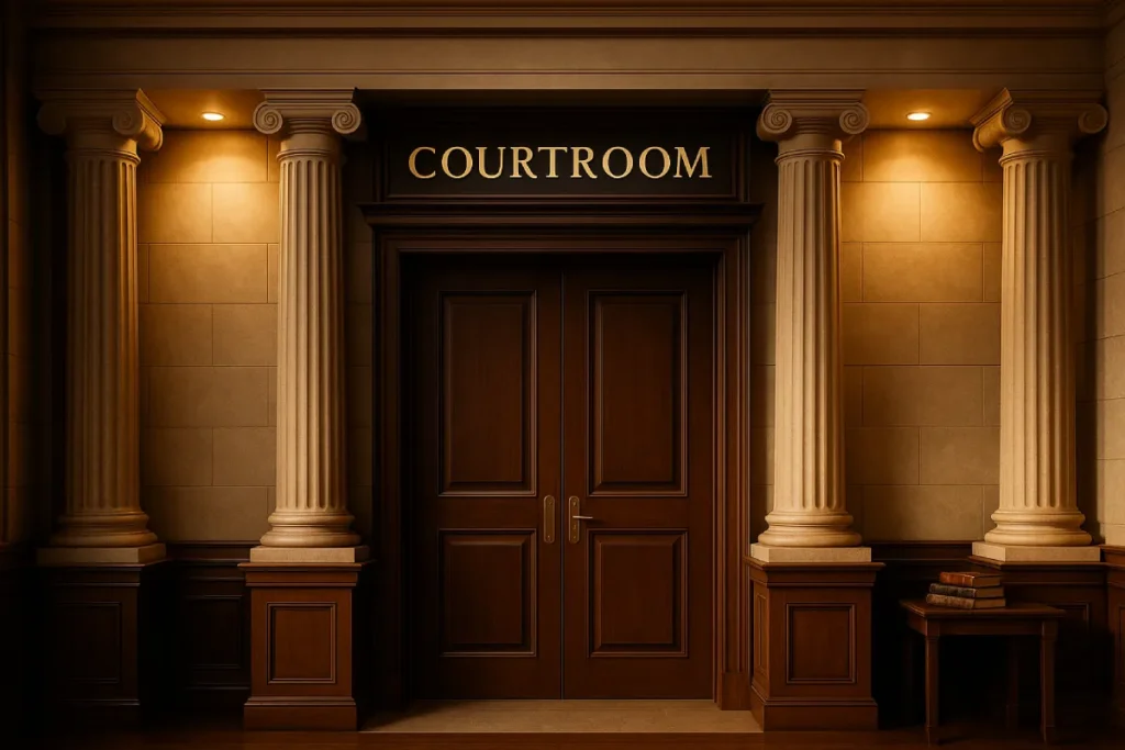 Modern courtroom entrance with judicial columns and warm lighting, representing Quashing of FIR legal proceedings