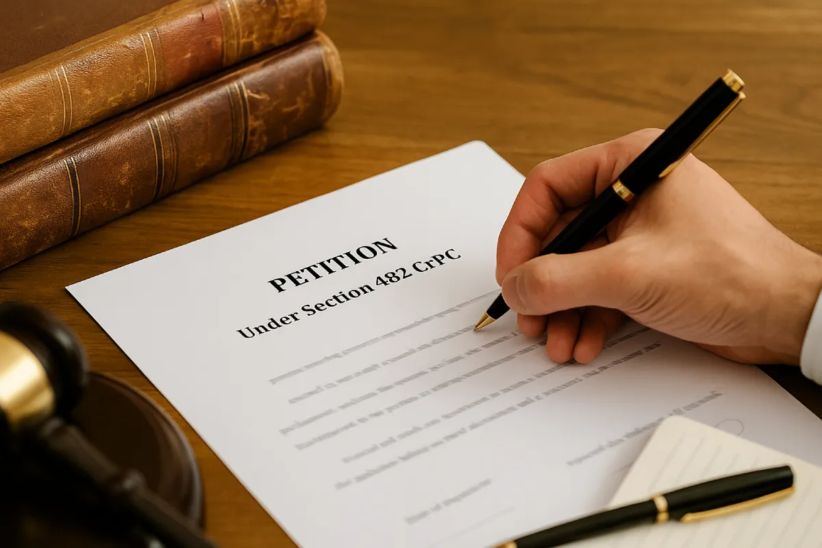Close-up of a petition titled Under Section 482 CrPC being drafted by a lawyer with law books in the background