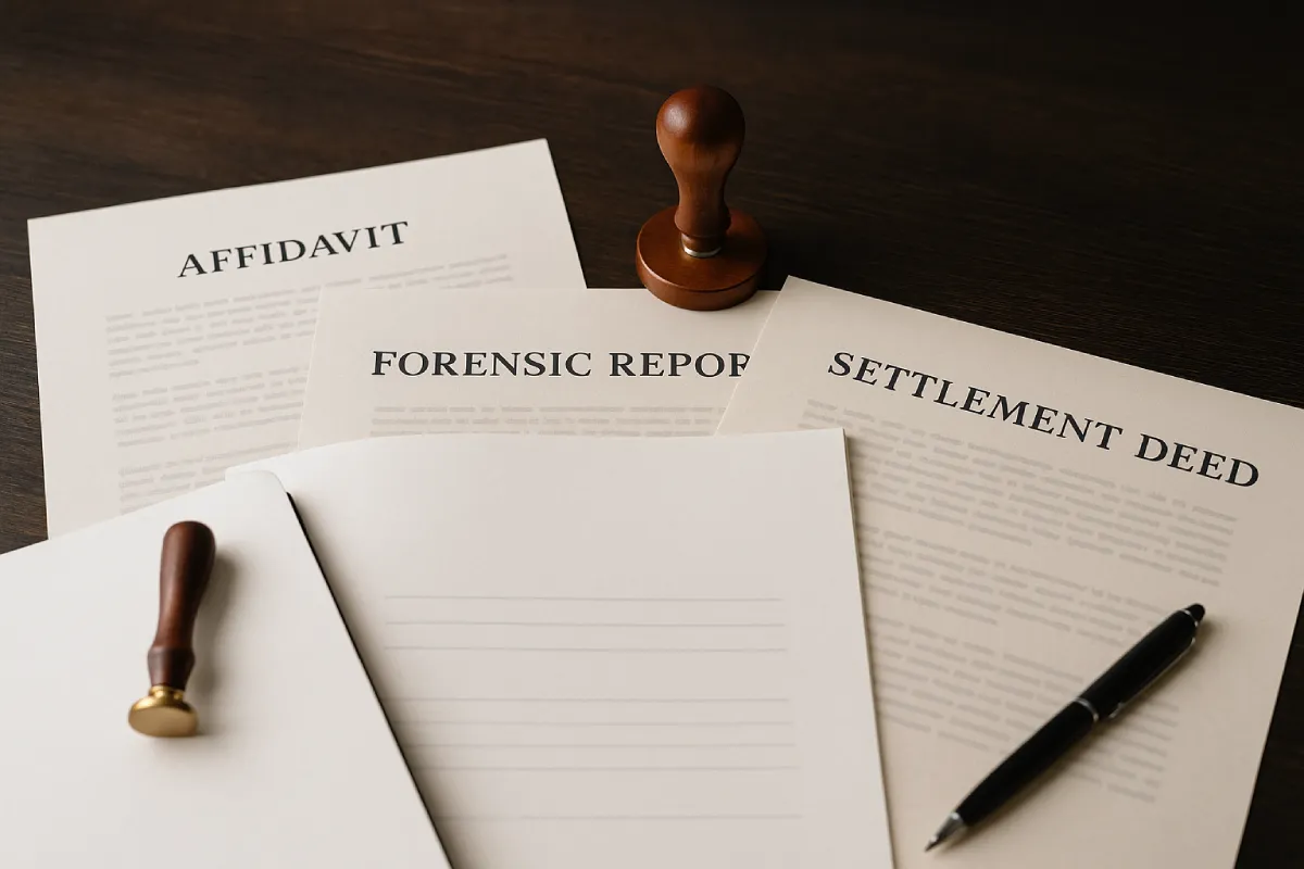 Legal documents including affidavit, forensic report, and settlement deed for quashing of FIR arranged on a desk