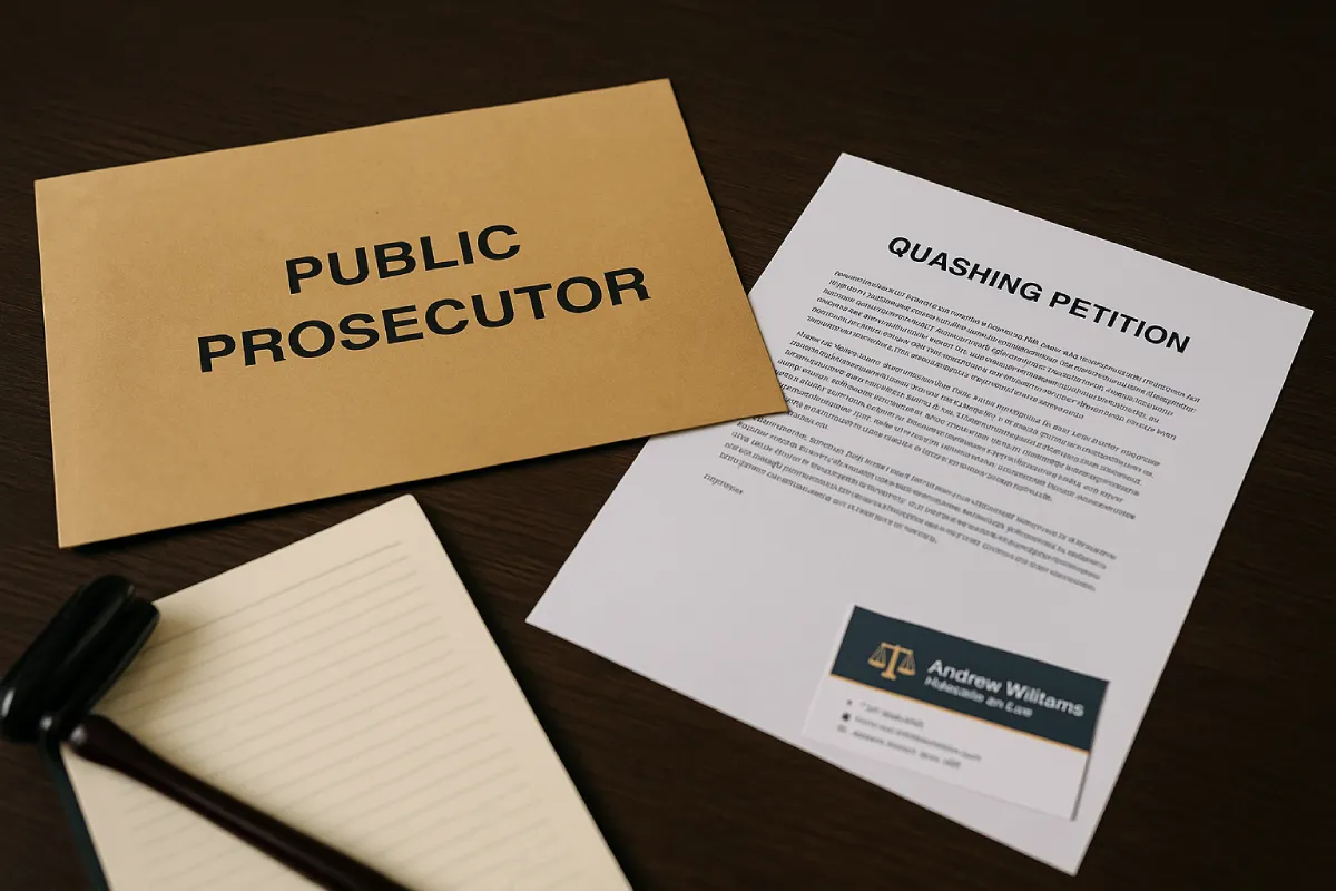 Quashing petition and envelope labeled Public Prosecutor with lawyer’s business card on a legal desk