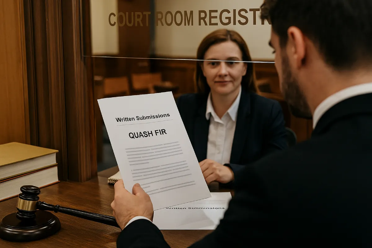 Lawyer submitting written submissions marked Quash FIR to court registry clerk
