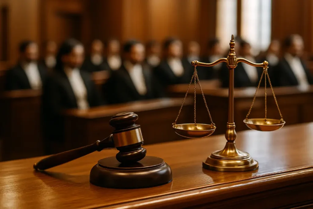 Gavel and scales in courtroom symbolizing defamation laws in India and justice